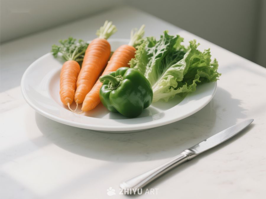 新鲜蔬菜盘：胡萝卜、青椒与生菜 308