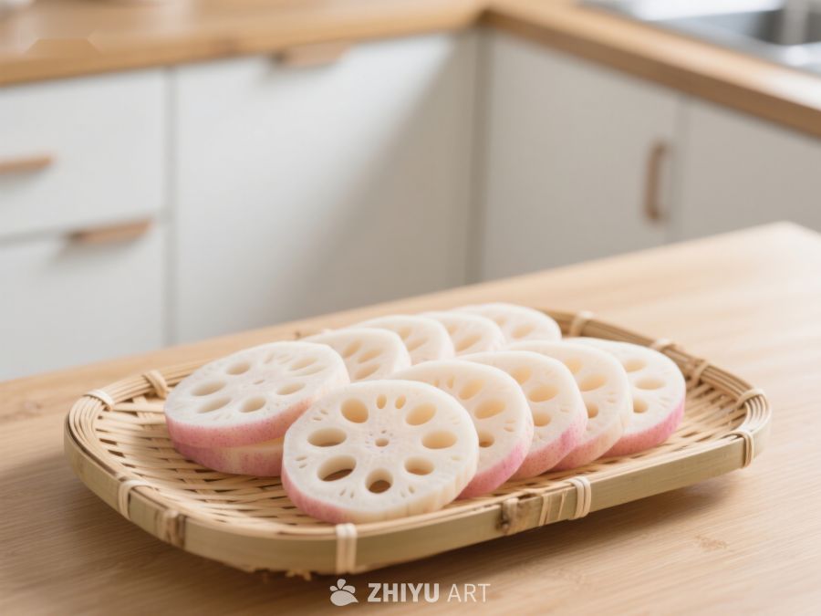 莲藕切片置于竹制托盘上 183