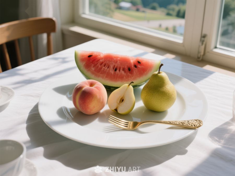 夏日水果盘：西瓜、桃子与梨的清新组合 635