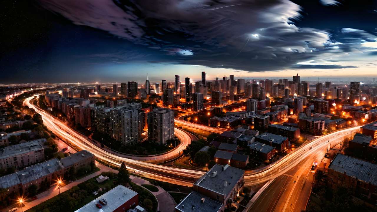 夜空中繁星点点，城市灯光闪烁，高楼林立。下方道路上