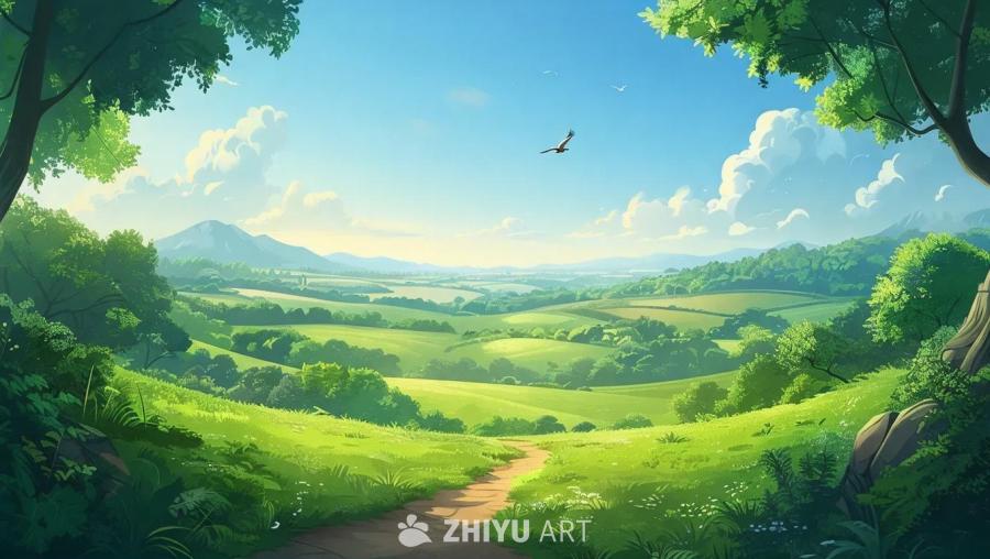 卡通风格的自然风景，一条小路通向远方，消失点构图，