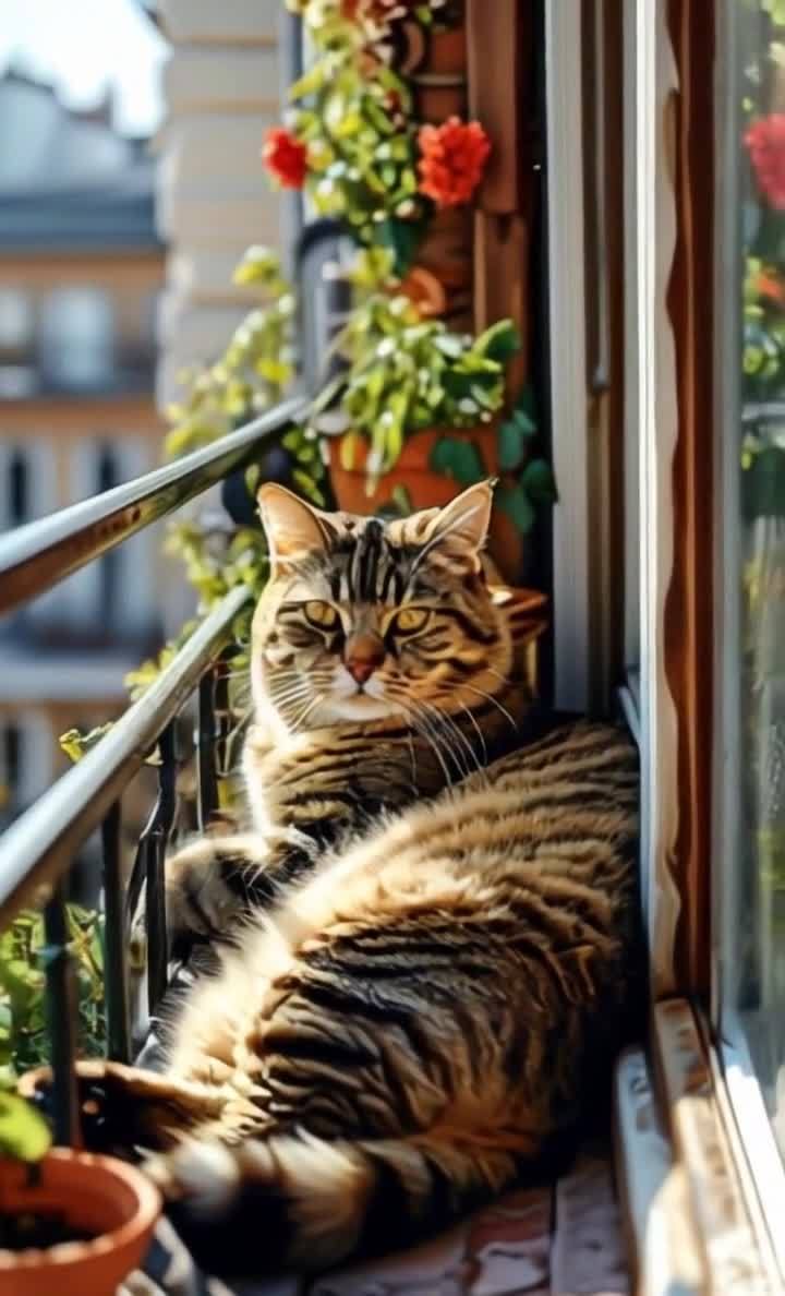 阳台上的猫咪，花盆与建筑的惬意时光