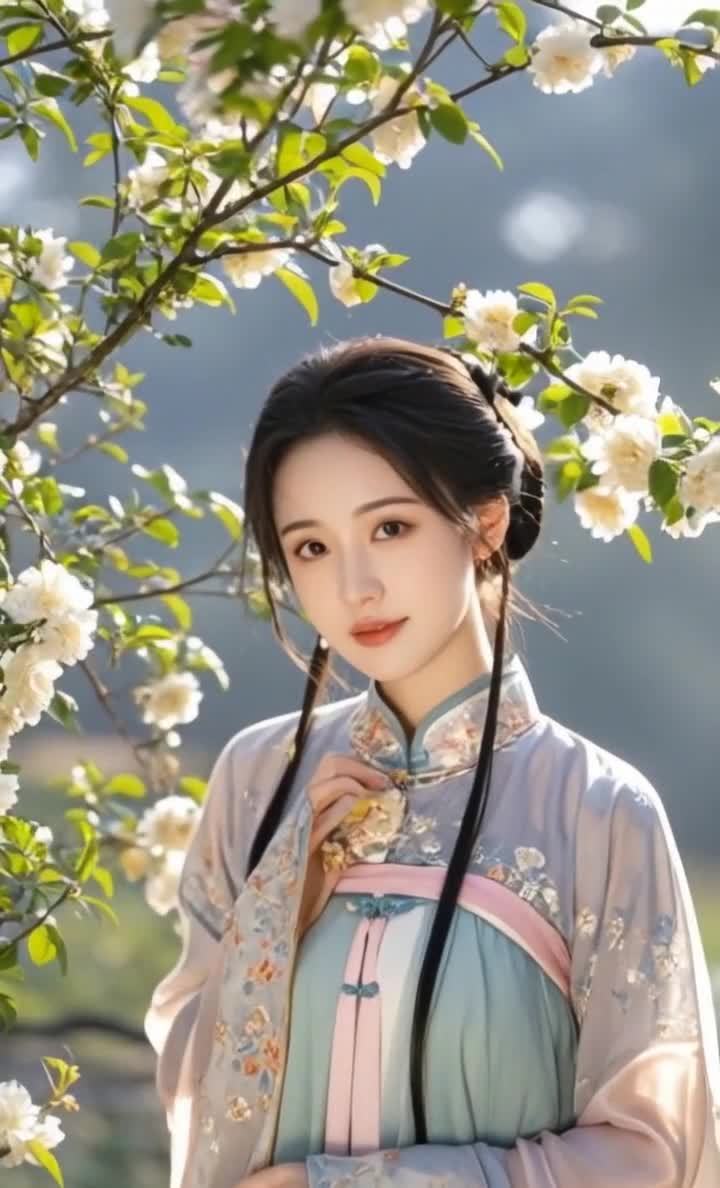 庭院或花园内，鲜花盛开，背景为古典亭台楼阁。镜头缓