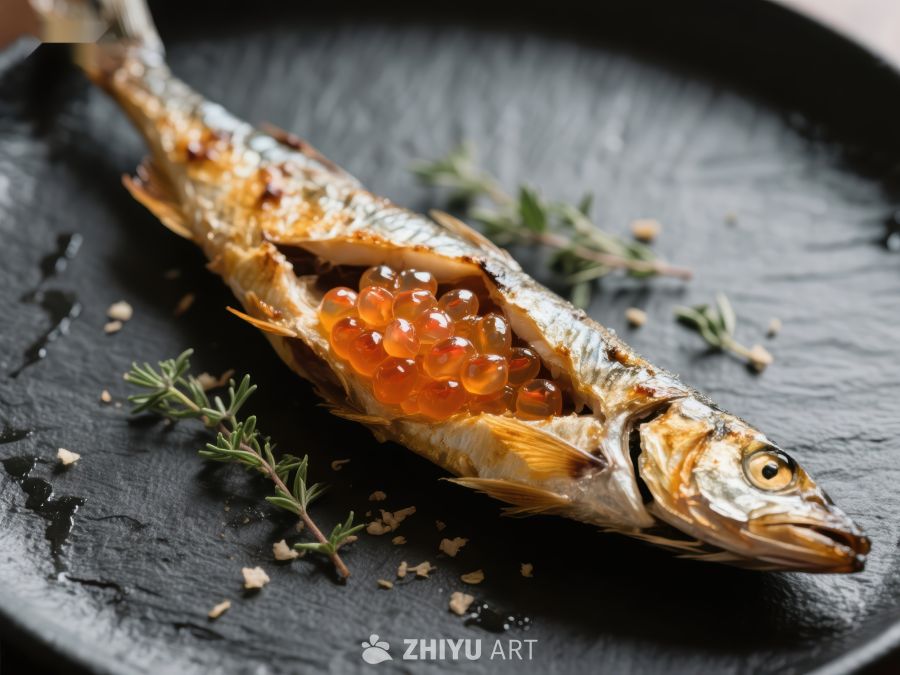 烤鱼配鱼子酱