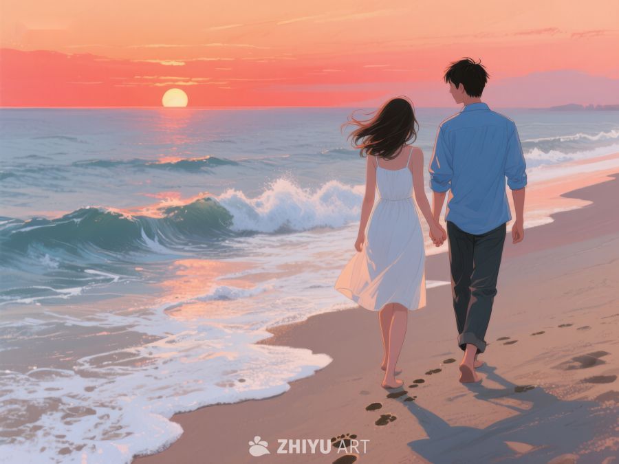 情侣海边漫步夕阳 539