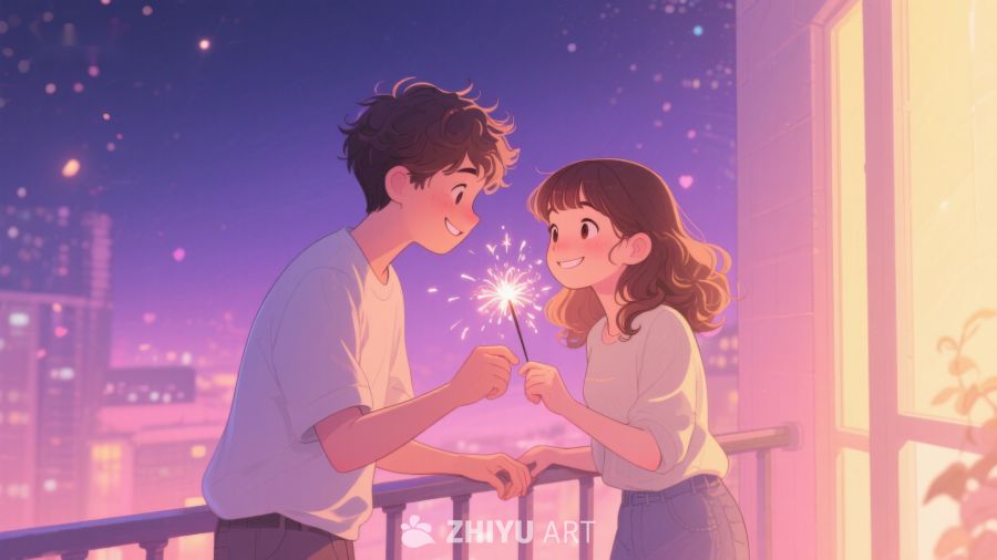夜景下情侣共赏烟花 559