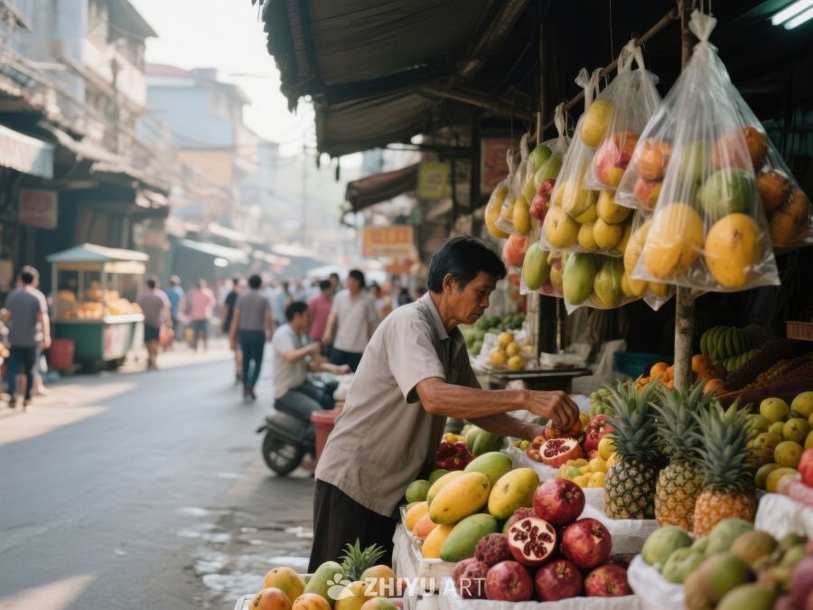 街头水果摊，商贩整理货物 334