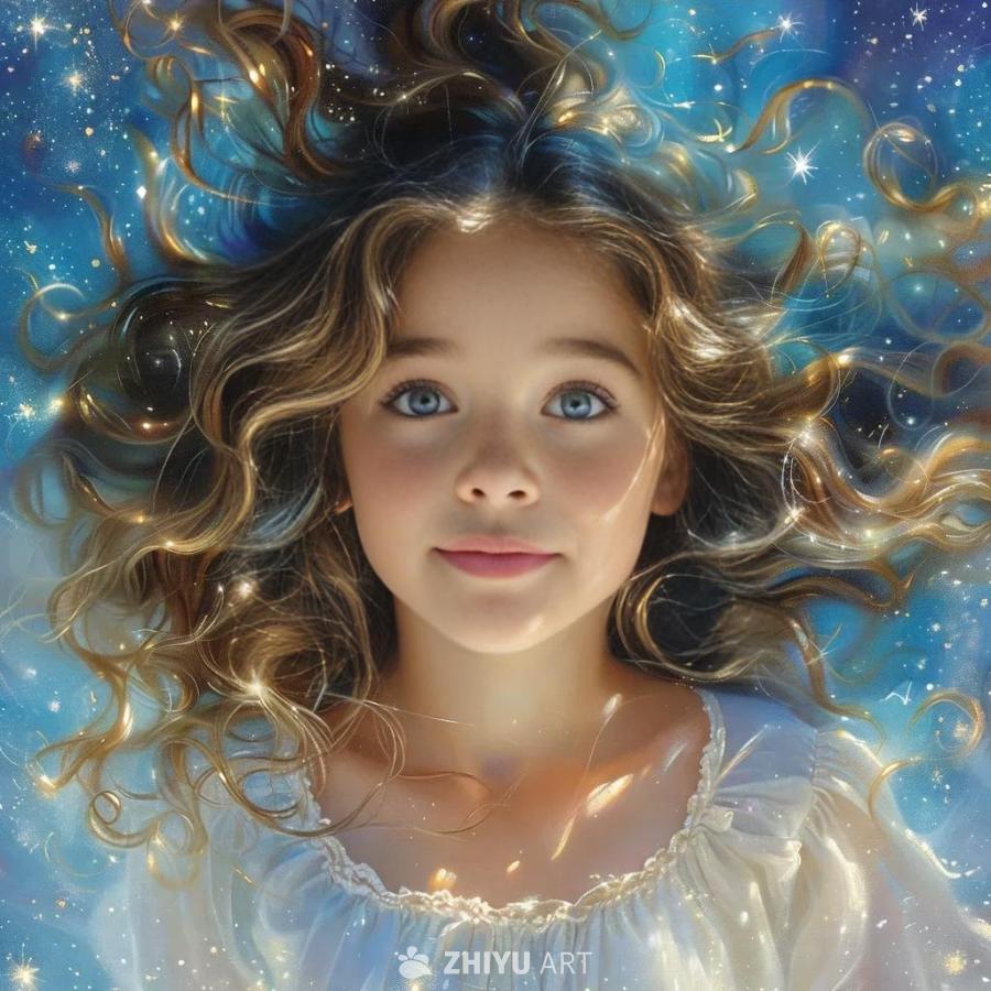 一个有着金色卷发的女孩漂浮在一个充满星光和蓝色调的