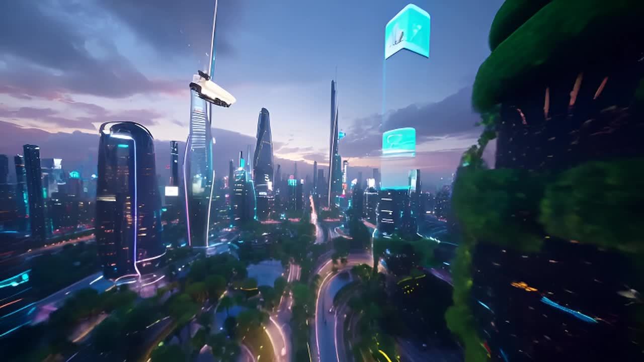 未来城市的黄昏景象令人陶醉。天空中飞行的交通工具照