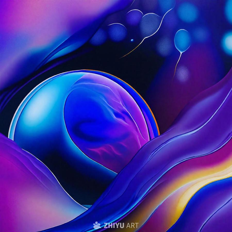 流动的抽象艺术作品，背景充满活力和色彩，由紫色和蓝