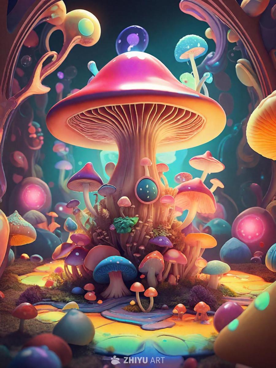 一个异想天开的场景，一个表面闪耀着水晶光泽的蘑菇，