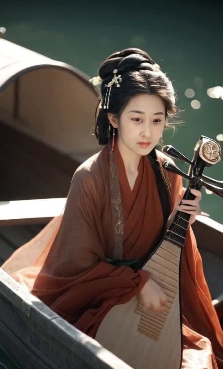 古装女子船上弹琵琶，水波荡漾意境唯美