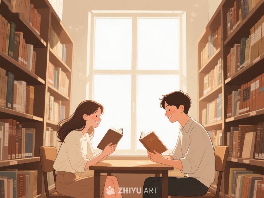 图书馆内两人共读温馨场景 655