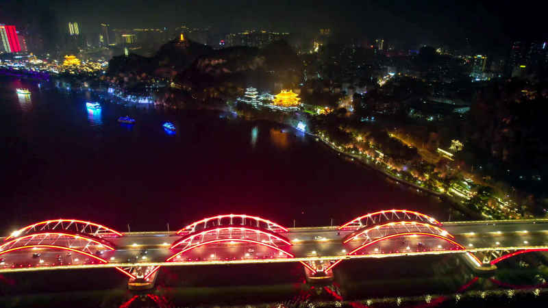 航拍广西柳州柳江文惠桥夜景 