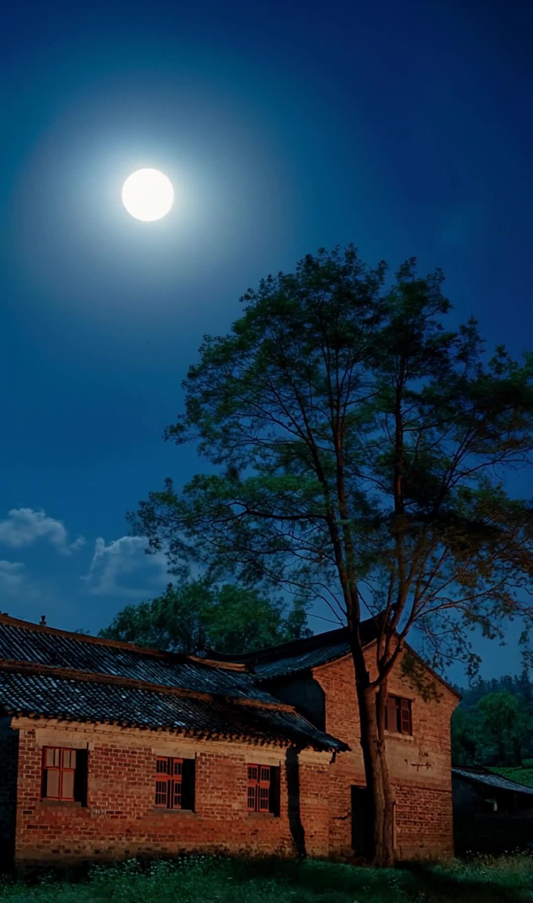 一轮圆月悬挂在蓝色的夜空中，天空中有几朵白色的云彩