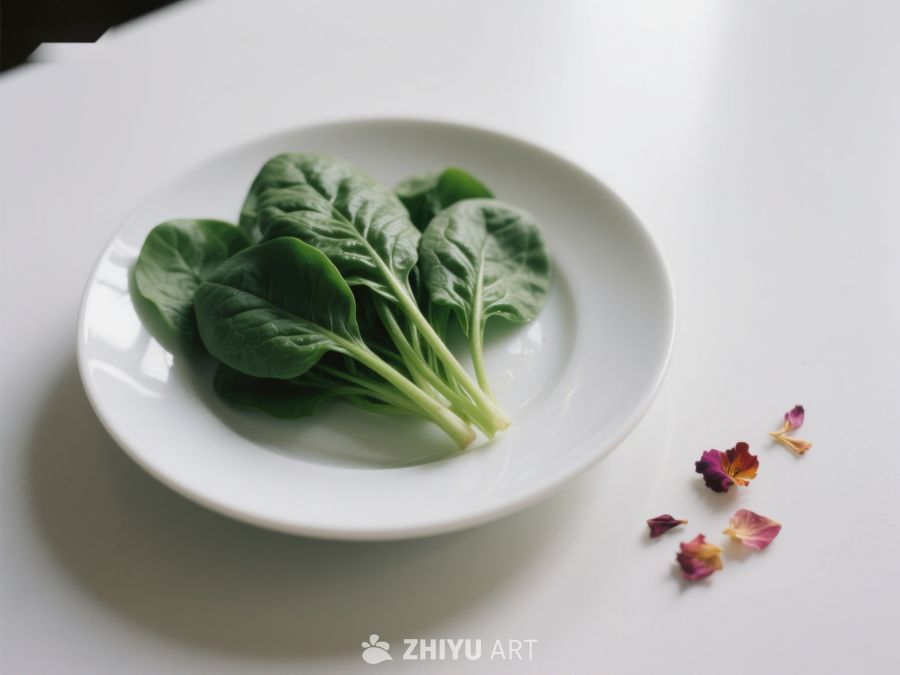 新鲜菠菜置于白色盘中 403
