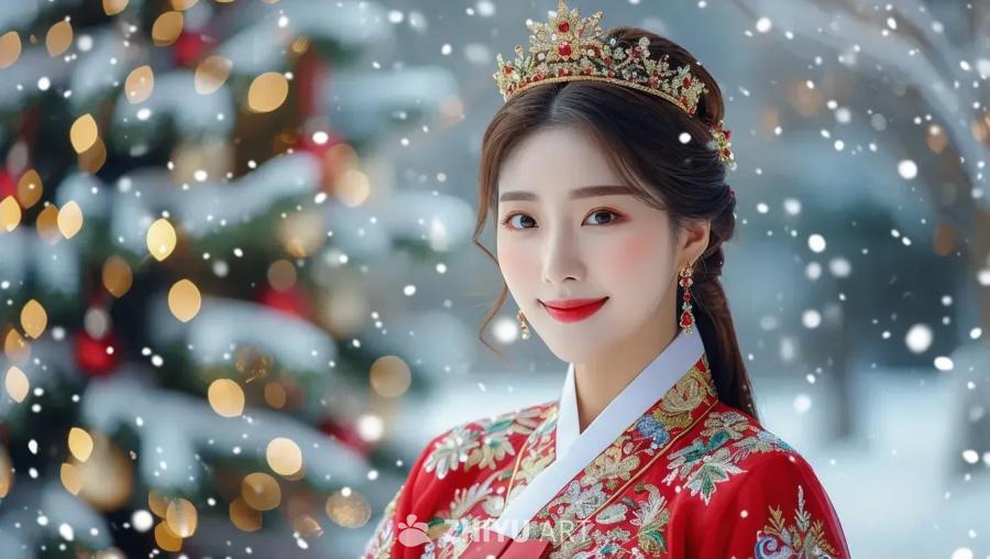 一位美丽的韩国女子穿着传统的圣诞老人服装，服装上有