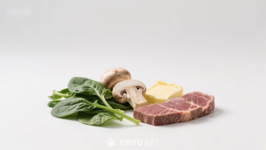 食材组合：牛肉、菠菜、蘑菇与黄油