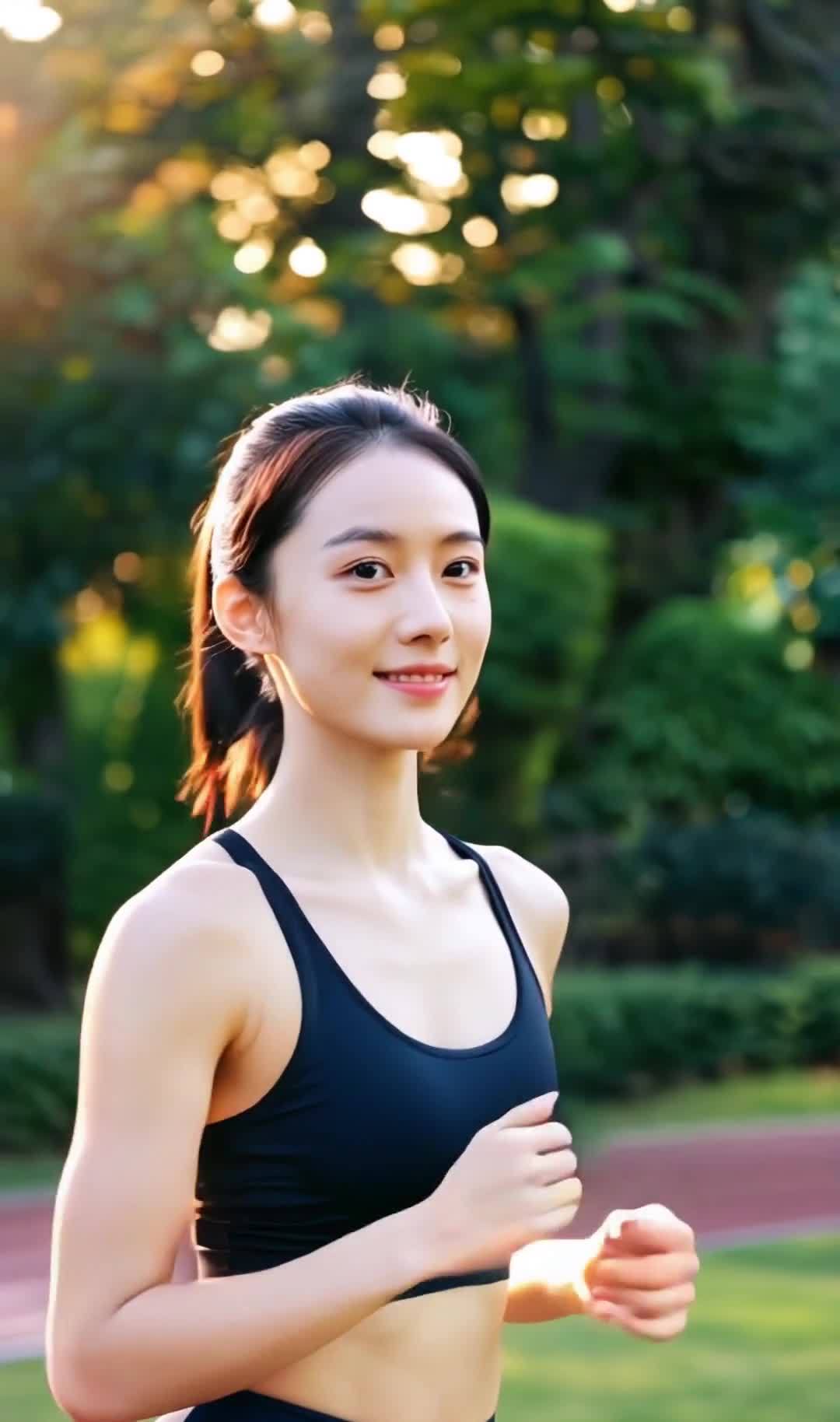 阳光下微笑的年轻女性在户外公园跑步。
