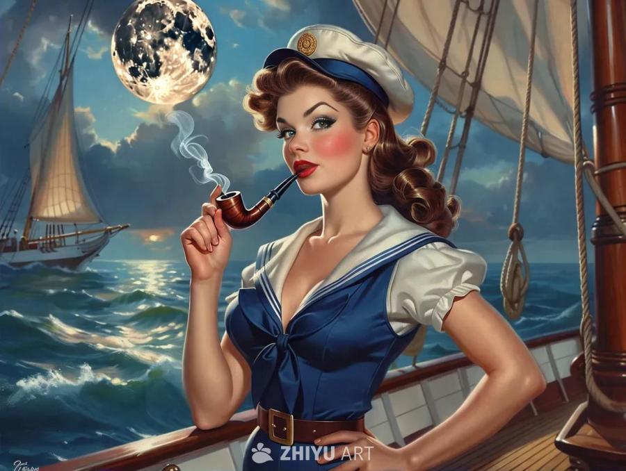 一位水手女士，手臂像波派一样健壮，自信地吸着烟斗，