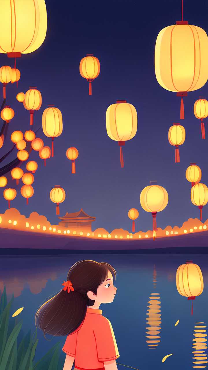唯美中元节河灯原创插画素材背景