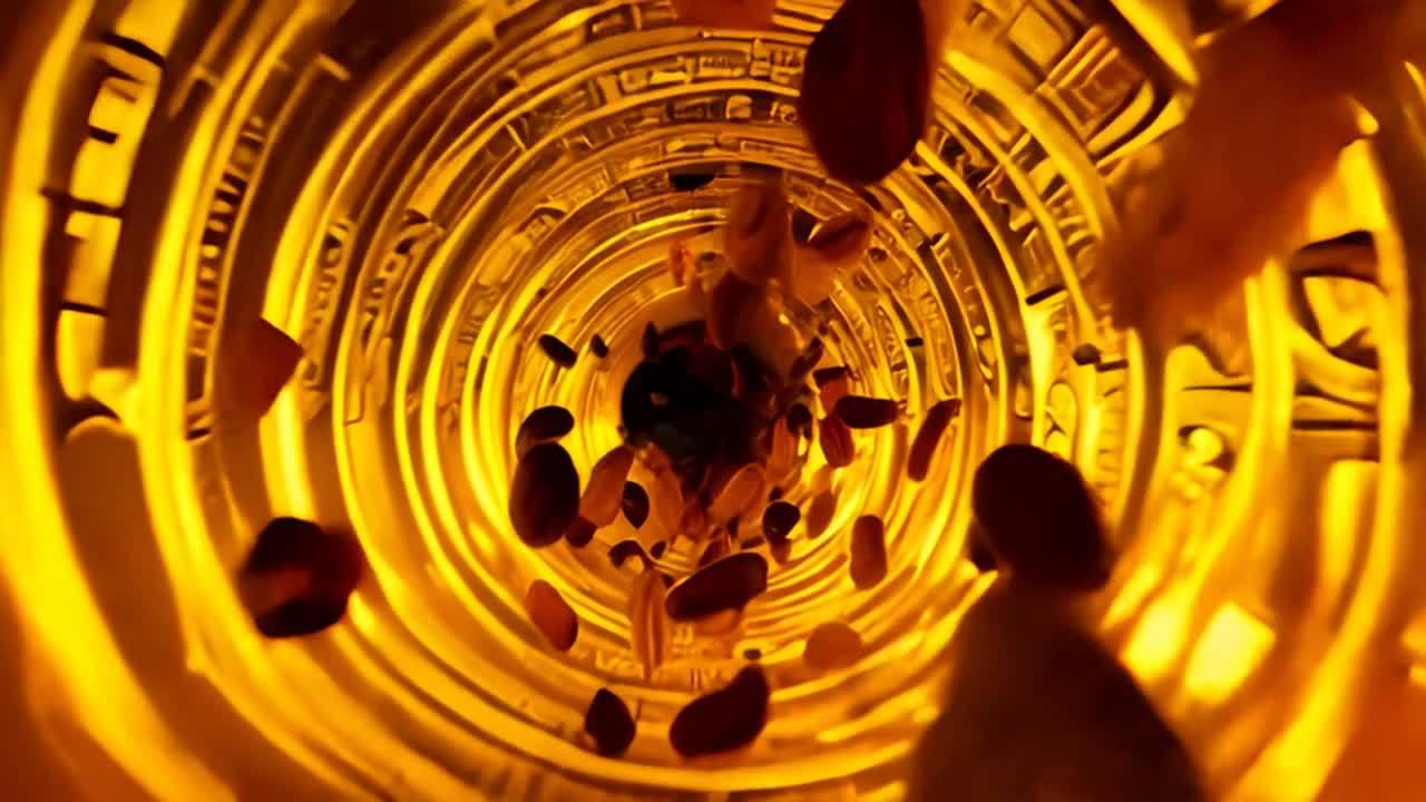 可可豆在金色的管道中心无重力地高速飞行，管道内壁装