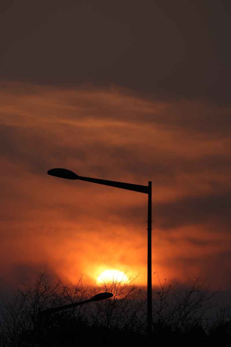夕阳西下映红半边天时的两个电线杆剪影