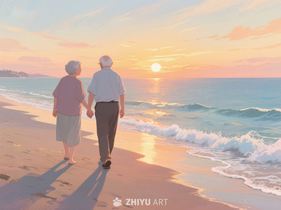 夕阳下漫步海滩的老年夫妇 879