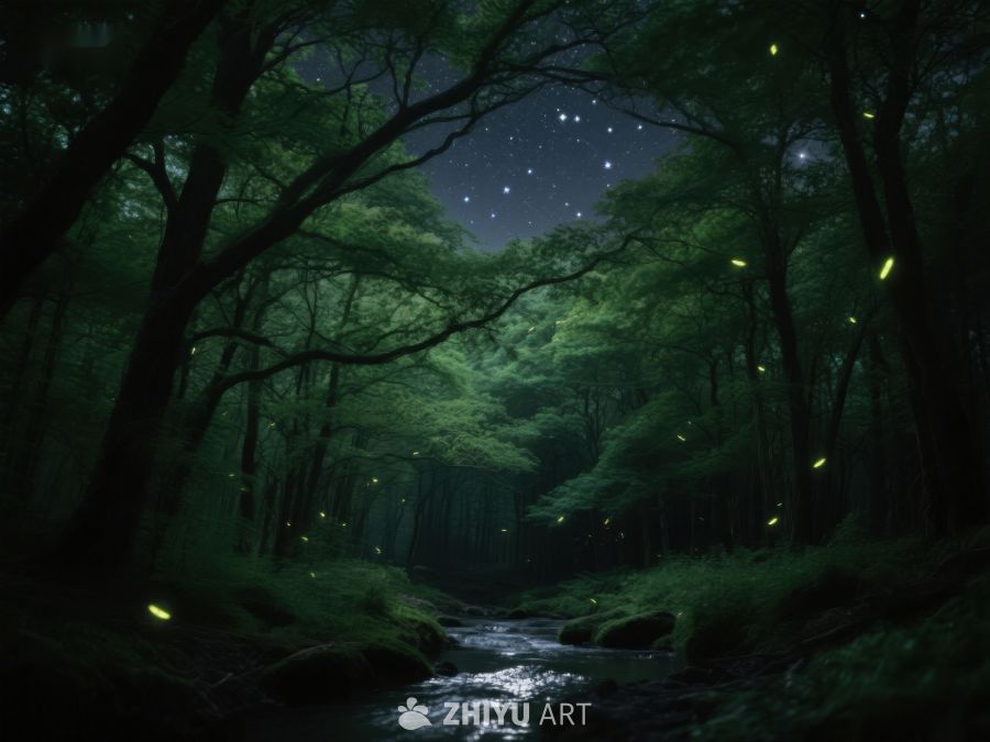 夜幕森林，萤火虫与星光交织 466