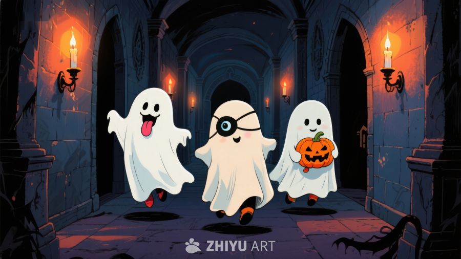 万圣节幽灵在古堡走廊中欢乐奔跑