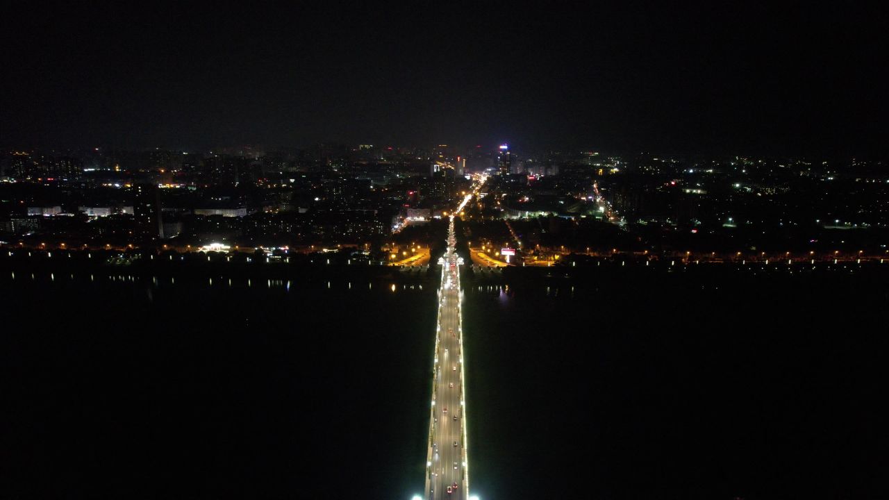  湖南湘潭大桥夜景交通航拍