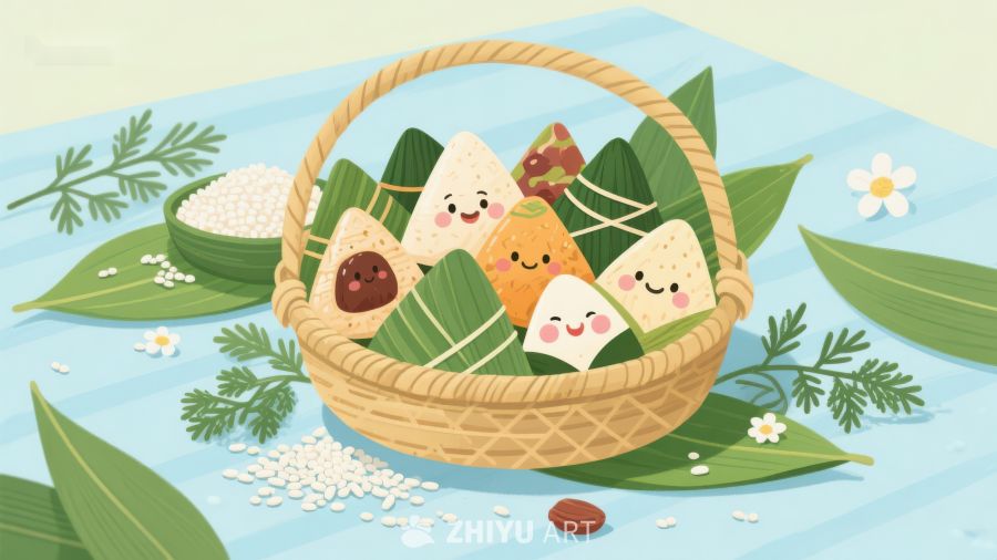 竹篮中的粽子与端午节元素 457
