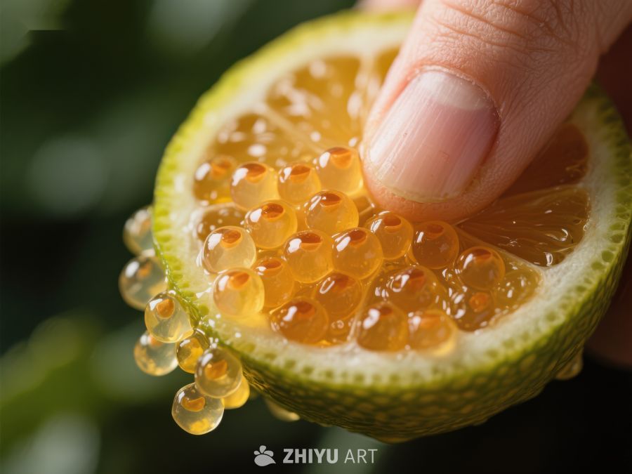 手指轻压柑橘，汁液如珠滴落 527