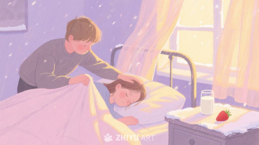 男孩轻柔为女孩盖被，床头草莓牛奶温馨场景 237