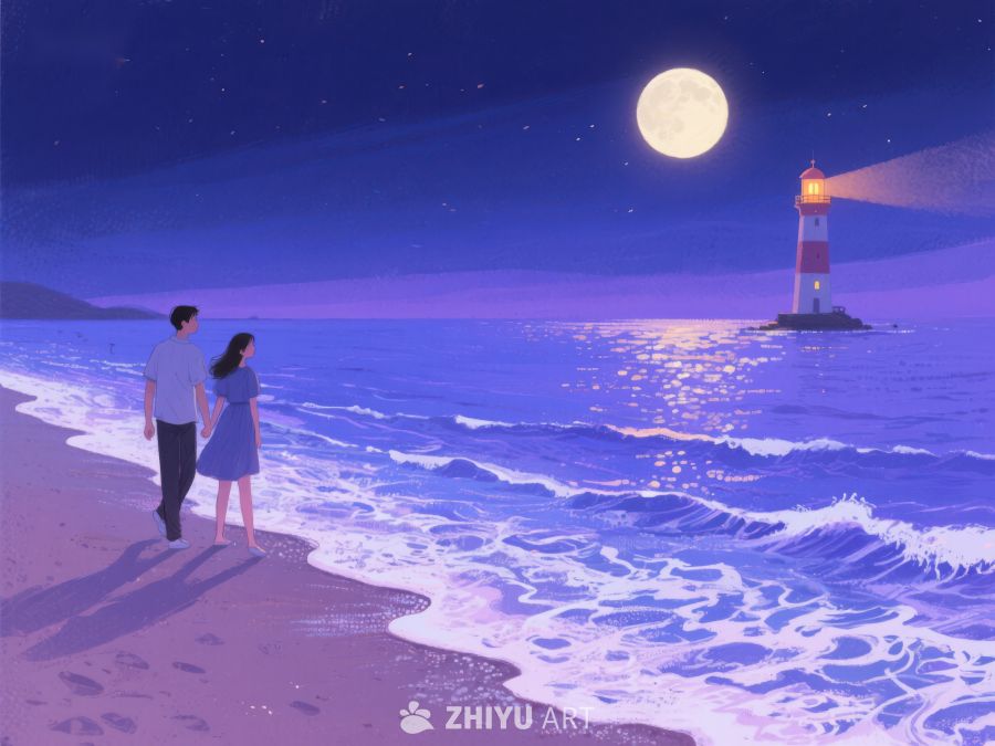 月夜海滩漫步，灯塔光辉映照 1234