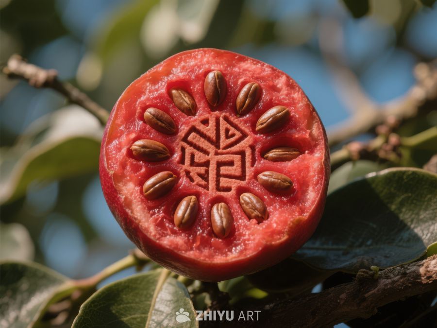 切开的红色果实，种子排列成图案 327