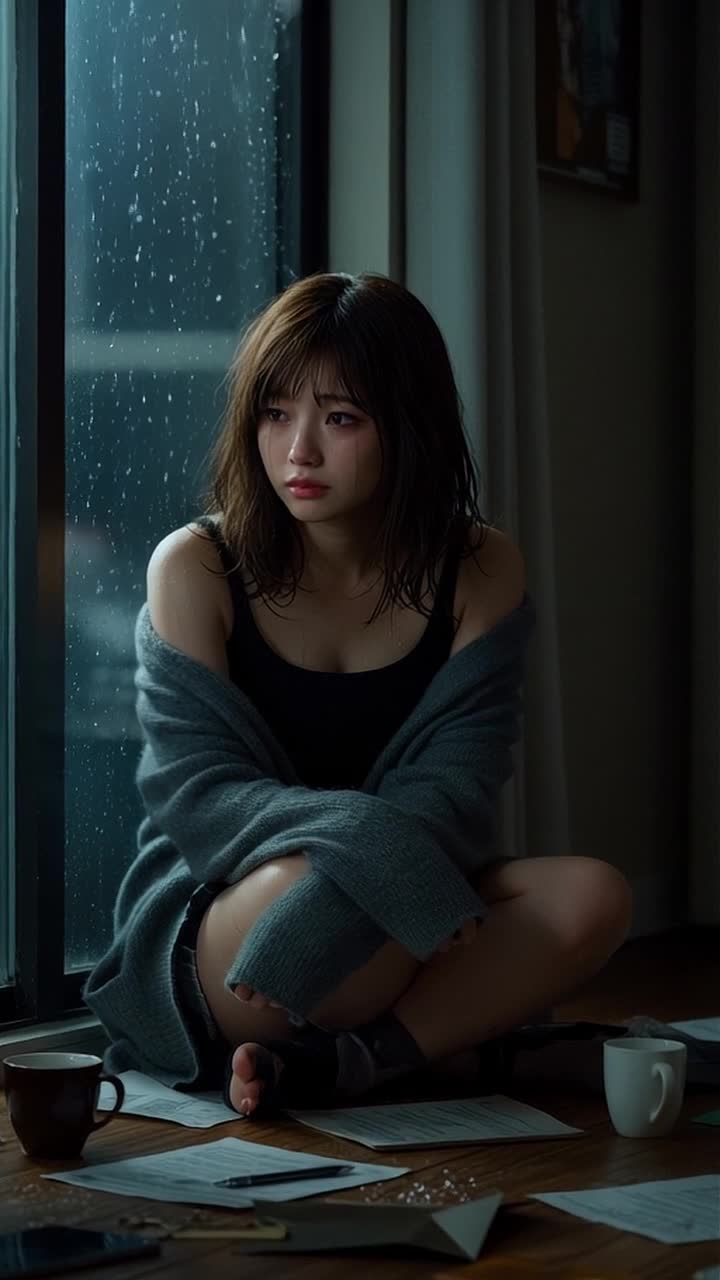 一个年轻女子坐在木地板上，靠近一个大窗户。窗外下着