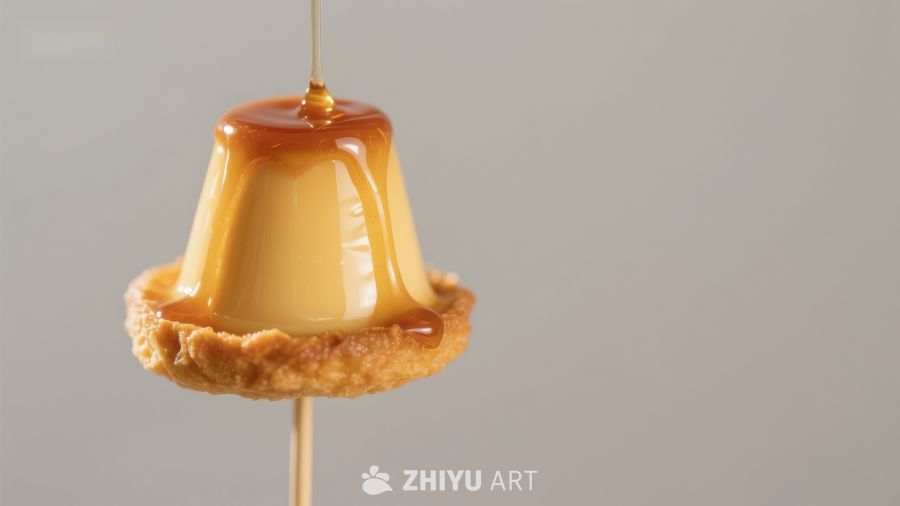 焦糖布丁滴落特写