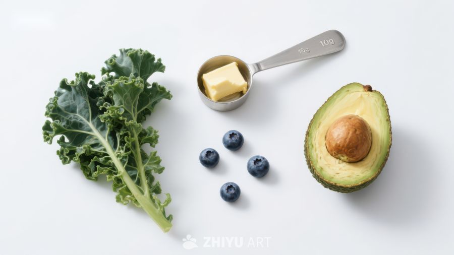 健康食材组合：羽衣甘蓝、黄油、蓝莓与牛油果