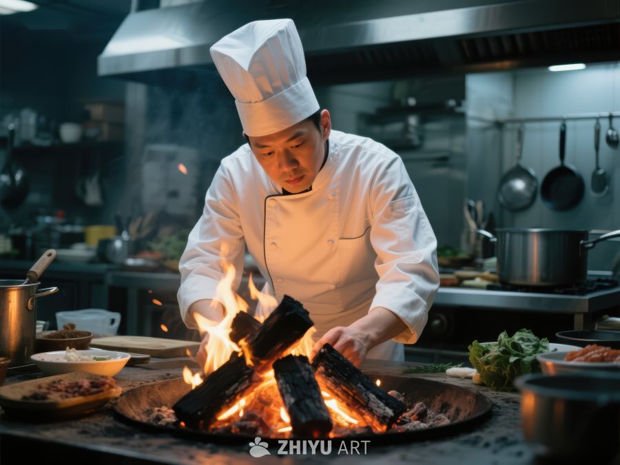 厨师在厨房用明火烹饪 58