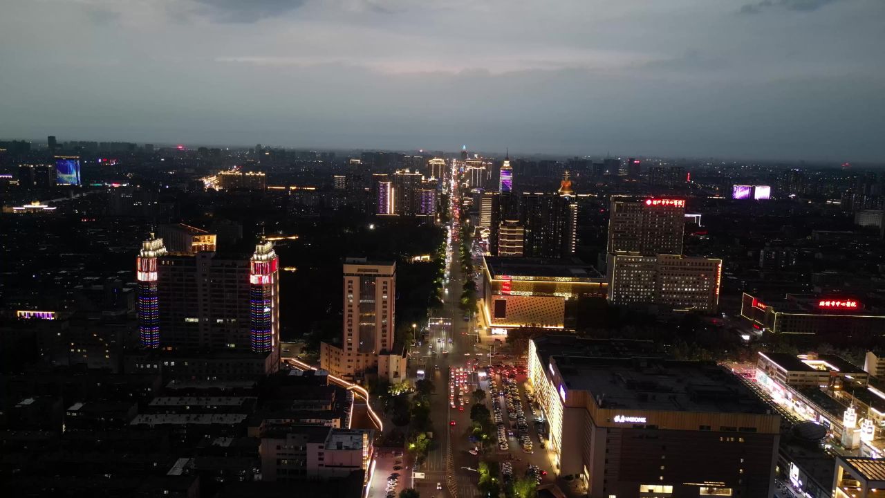 航拍淄博城市夜景柳泉路