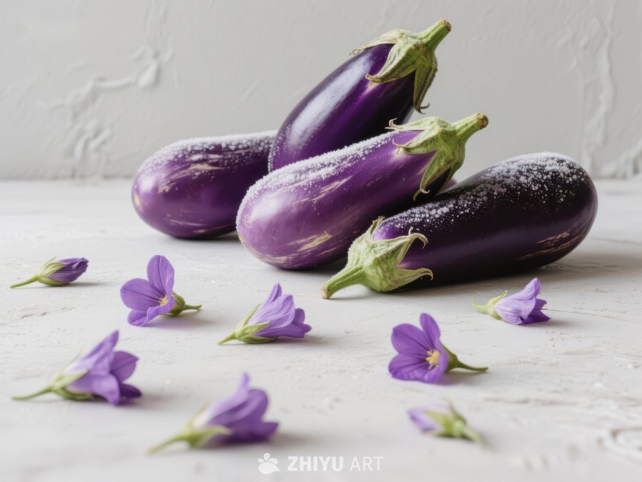 紫色茄子与小花的静物组合 393