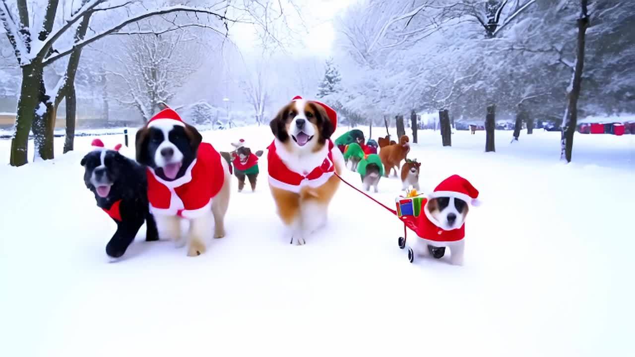 一群穿着圣诞老人、精灵和驯鹿等节日服装的狗在雪覆盖