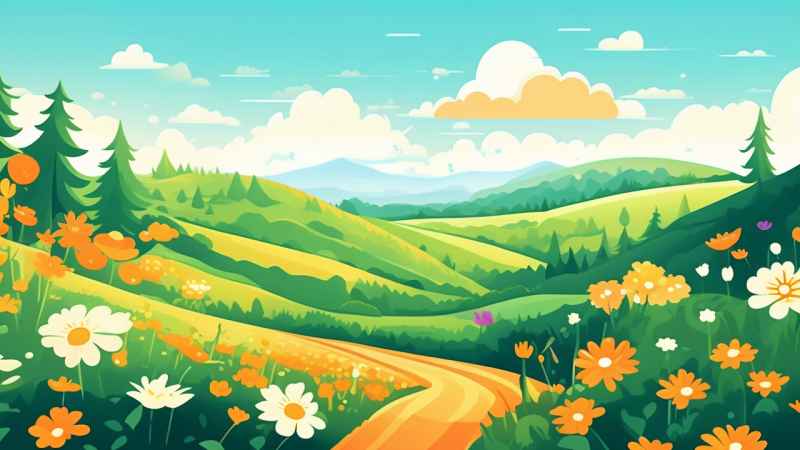 一幅乡村鲜花插画形式柔和圆润背景明亮 2
