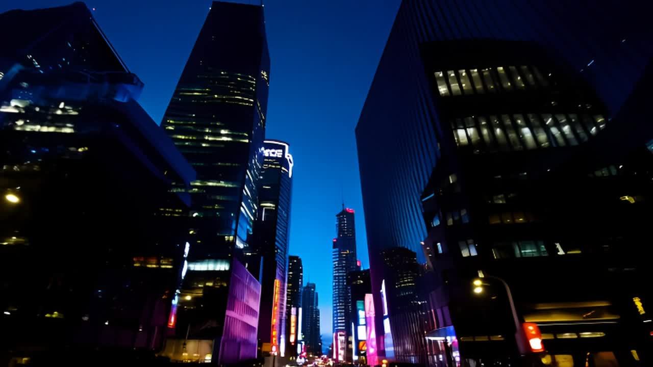 现代城市建筑在繁忙的城市夜空中占据主导地位，视角较