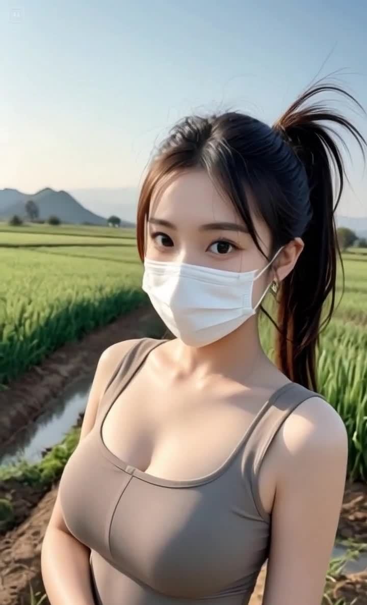 戴口罩的亚洲女性在田野中凝视镜头，阳光明媚