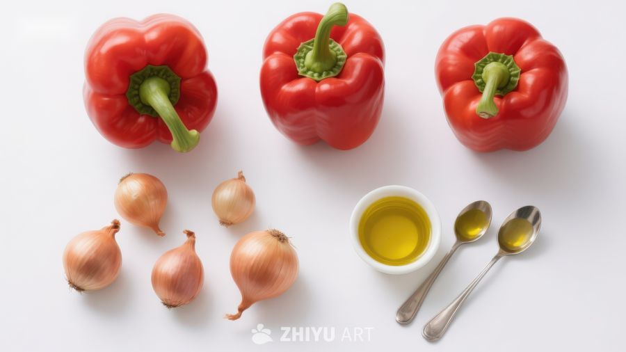 红椒洋葱与橄榄油食材摆拍