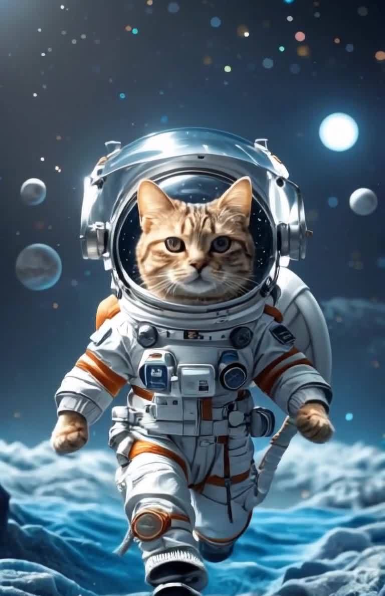 太空猫宇航员在星空中行走，探索宇宙。