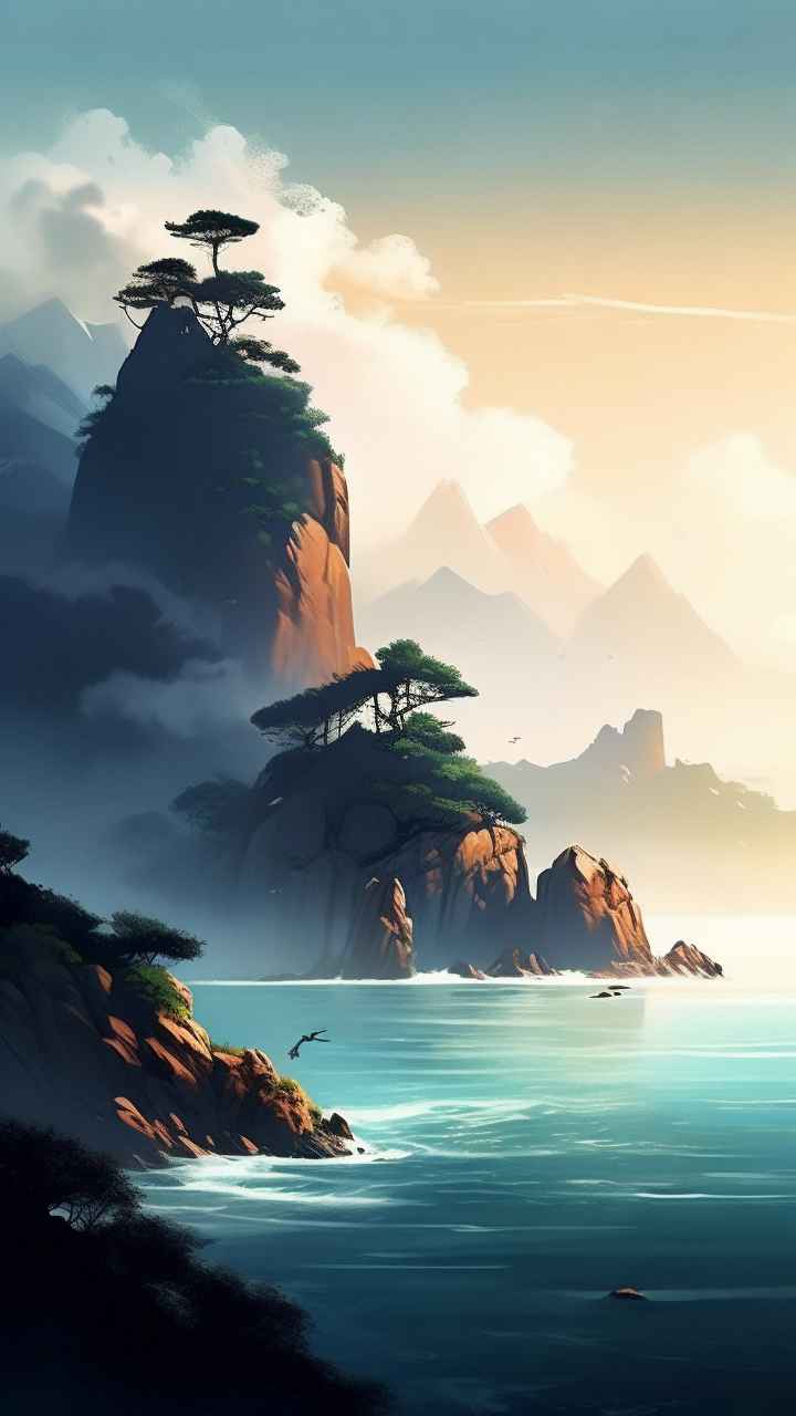 雾气缭绕大海山水画简约风格 41