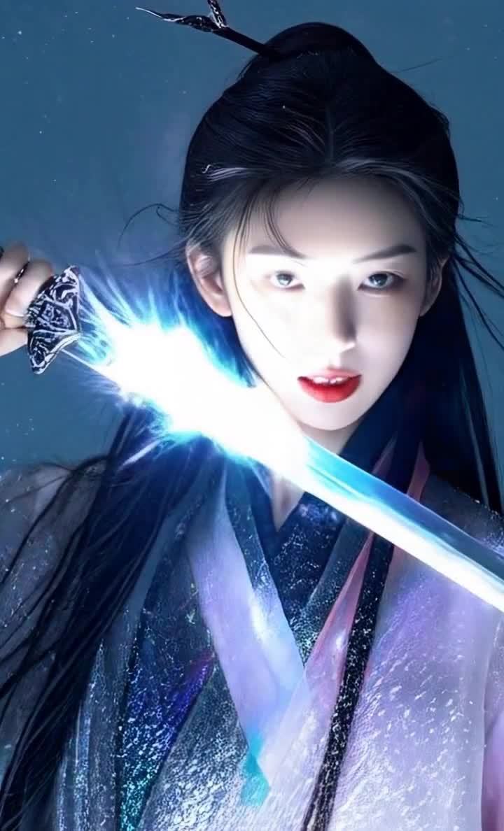 持光剑古装女子：梦幻风格，眼神锐利，气势逼人。